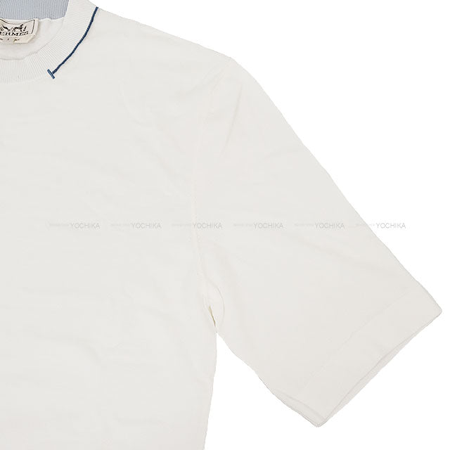 2025 SS HERMES Knit Men’s Short-Sleeve Knit Pull Col Rond with H Tuck Blanc (White) Cotton #S H557250HA[EXCELLENT][Authentic]