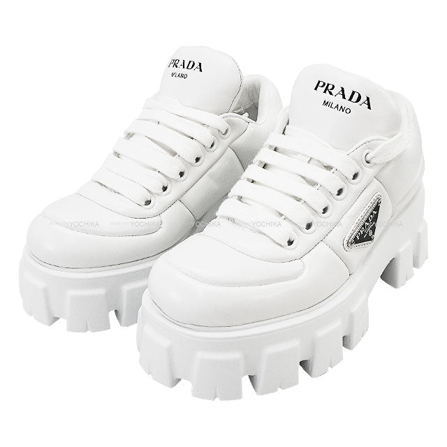 PRADA sneakers Monolith Double-soled Logo Pleated Blanc (White) Soft Paddet Nappaleather ＃35.5 Silver HW 1E191N[EXCELLENT][Authentic]