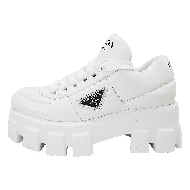 PRADA sneakers Monolith Double-soled Logo Pleated Blanc (White) Soft Paddet Nappaleather ＃35.5 Silver HW 1E191N[EXCELLENT][Authentic]