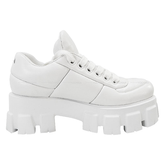 PRADA sneakers Monolith Double-soled Logo Pleated Blanc (White) Soft Paddet Nappaleather ＃35.5 Silver HW 1E191N[EXCELLENT][Authentic]