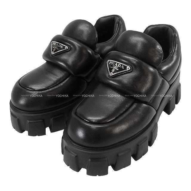 PRADA loafers Monolith Double-soled Logo Pleated Noir (Black) Soft Paddet Nappaleather #35.5 Silver HW 1D125N[EXCELLENT][Authentic]
