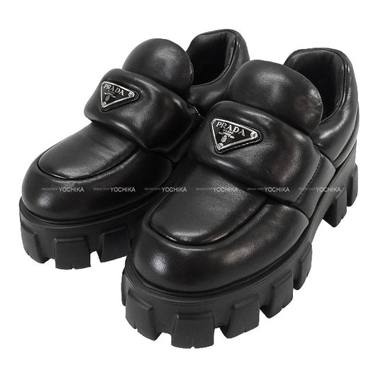 PRADA loafers Monolith Double-soled Logo Pleated Noir (Black) Soft Paddet Nappaleather #35.5 Silver HW 1D125N[EXCELLENT][Authentic]
