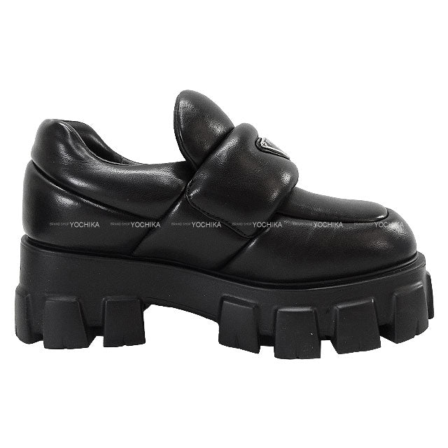 PRADA loafers Monolith Double-soled Logo Pleated Noir (Black) Soft Paddet Nappaleather #35.5 Silver HW 1D125N[EXCELLENT][Authentic]