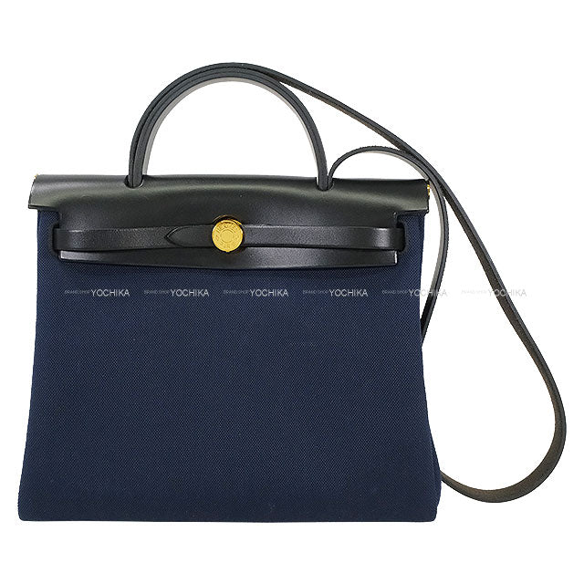 [Pre-loved] HERMES Shoulder bag HerBag Zip 31 PM Blue Marine/Noir (Black) Vache Hunter/Toile Militaire Gold HW Stamp U[LIKE NEW][Authentic]