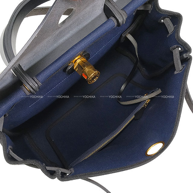 [Pre-loved] HERMES Shoulder bag HerBag Zip 31 PM Blue Marine/Noir (Black) Vache Hunter/Toile Militaire Gold HW Stamp U[LIKE NEW][Authentic]