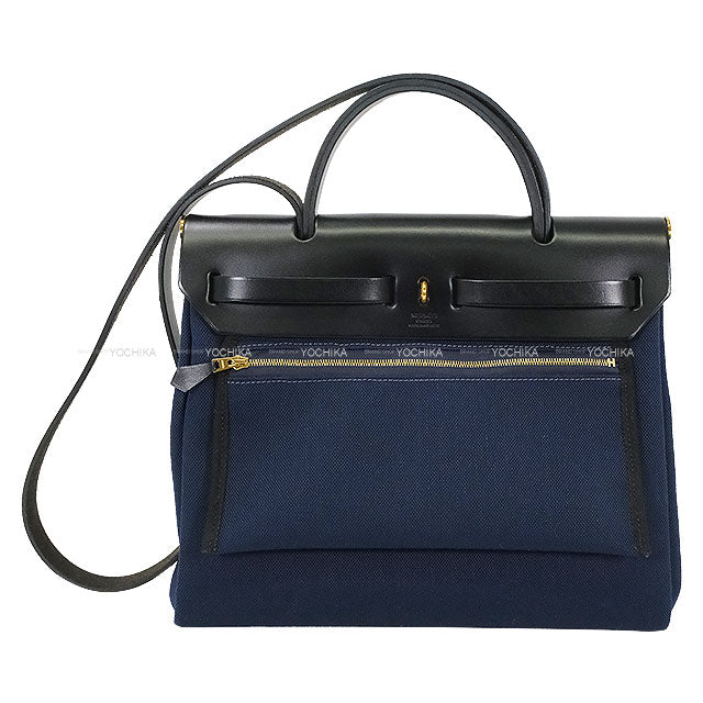 [Pre-loved] HERMES Shoulder bag HerBag Zip 31 PM Blue Marine/Noir (Black) Vache Hunter/Toile Militaire Gold HW Stamp U[LIKE NEW][Authentic]