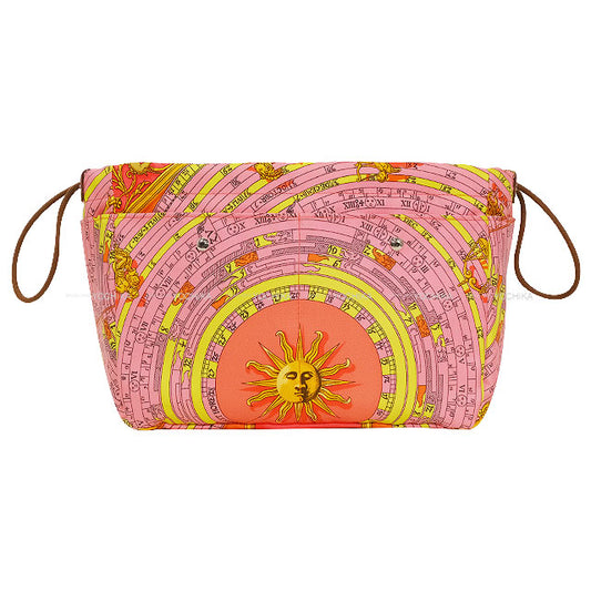 HERMES Pouch Foolby25 Astrology Rose Jaipur/Multicolor Silk100%/Veau Barenia Silver HW Stamp Y[EXCELLENT][Authentic]