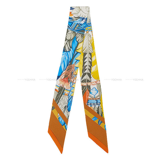HERMES scarf Twilly Dance pacifique Jaune d'Or/Khaki/Orange Silk100% /Leather[EXCELLENT][Authentic]