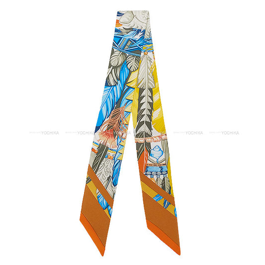 HERMES scarf Twilly Dance pacifique Jaune d'Or/Khaki/Orange Silk100% /Leather[EXCELLENT][Authentic]
