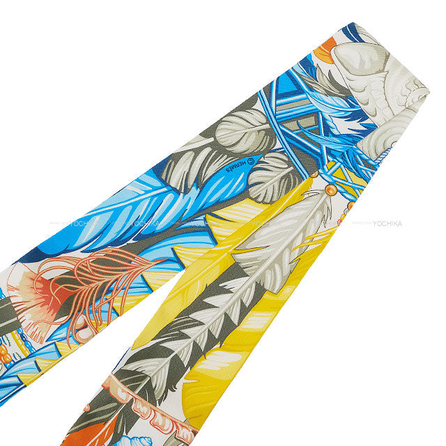 HERMES scarf Twilly Dance pacifique Jaune d'Or/Khaki/Orange Silk100% /Leather[EXCELLENT][Authentic]