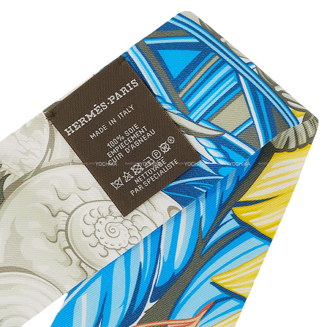 HERMES scarf Twilly Dance pacifique Jaune d'Or/Khaki/Orange Silk100% /Leather[EXCELLENT][Authentic]