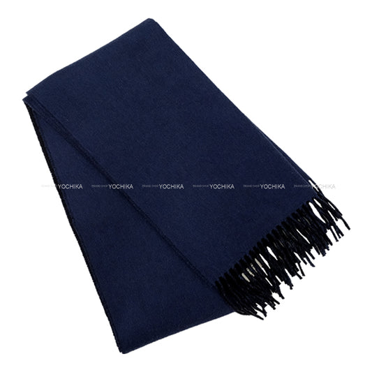 HERMES muffler Horsebit Fringe Noir (Black)/Navy Cashmere100%[EXCELLENT][Authentic]