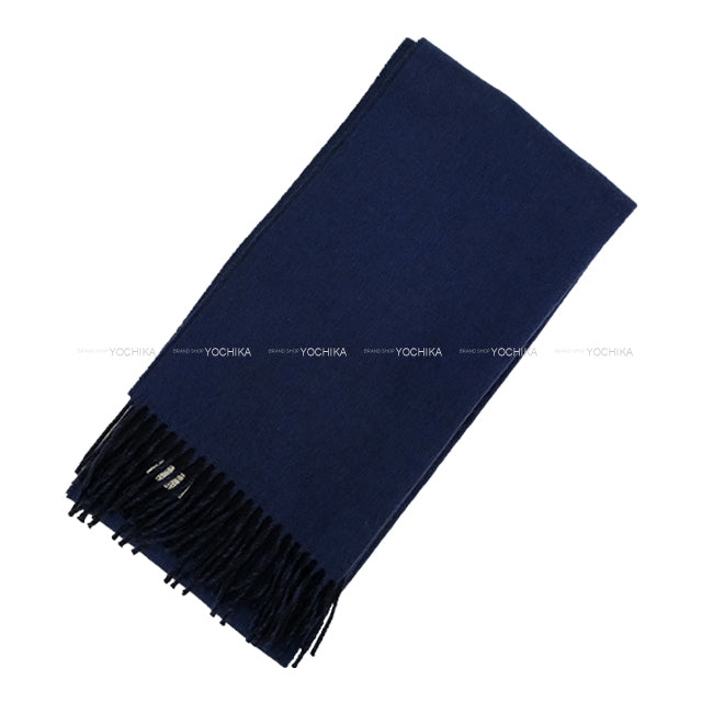 HERMES muffler Horsebit Fringe Noir (Black)/Navy Cashmere100%[EXCELLENT][Authentic]