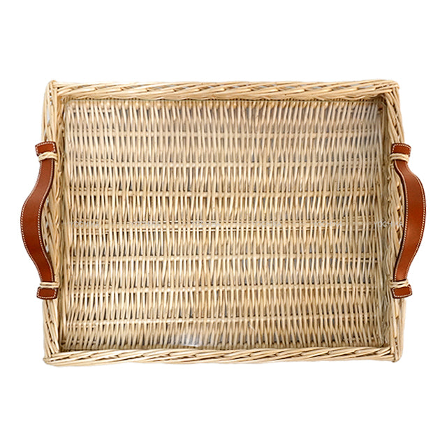 [Pre-loved] HERMES OZLE Picnic Tray with Glass Medium Terre Battue Rattan/Swift[LIKE NEW][Authentic]