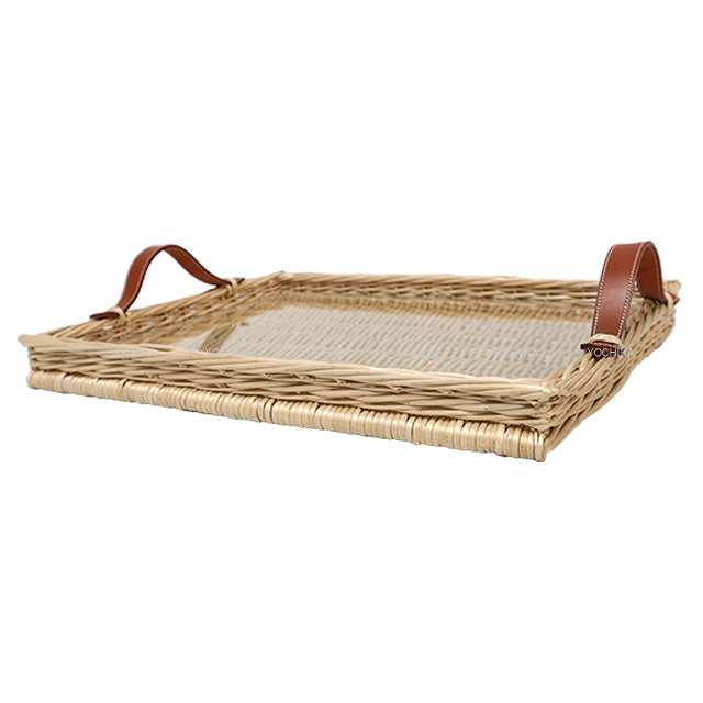 [Pre-loved] HERMES OZLE Picnic Tray with Glass Medium Terre Battue Rattan/Swift[LIKE NEW][Authentic]