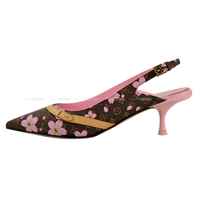 LOUIS VUITTON pumps LV×TM 6AM Slingback Heels Sakura Takashi MurakamiBrown/Pink Monogram Canvas #36 Gold HW 1AGYA0[EXCELLENT][Authentic]