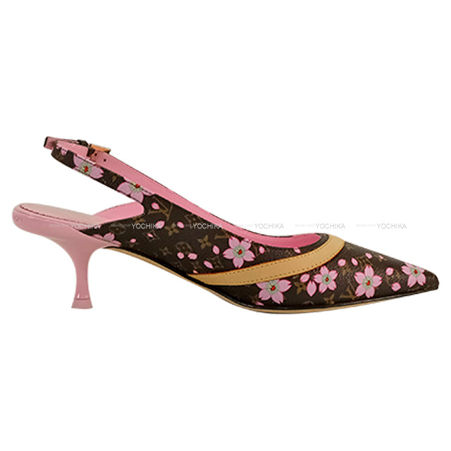 LOUIS VUITTON pumps LV×TM 6AM Slingback Heels Sakura Takashi MurakamiBrown/Pink Monogram Canvas #36 Gold HW 1AGYA0[EXCELLENT][Authentic]