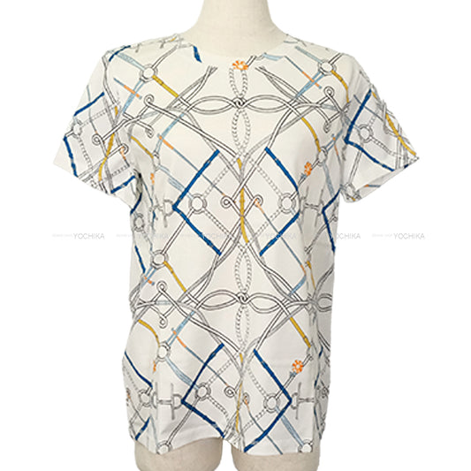 2021 SS HERMES Short sleeve shirt Ladies’ Le Parcours Parfait Blanc (White)/Multicolor Cotton100% #42[EXCELLENT][Authentic]