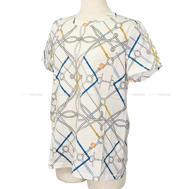 2021 SS HERMES Short sleeve shirt Ladies’ Le Parcours Parfait Blanc (White)/Multicolor Cotton100% #42[EXCELLENT][Authentic]