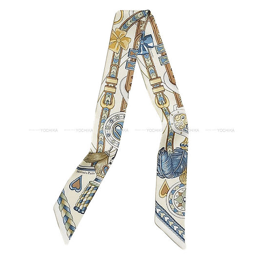 2024SS HERMES scarf Twilly HARNAIS DE COEUR Cream/Bleu Jean/Vert Amande Silk100%[EXCELLENT][Authentic]