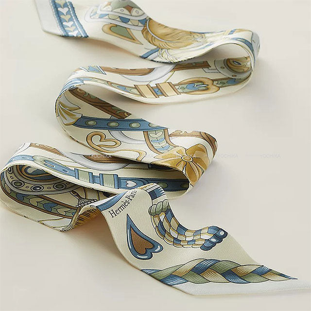 2024SS HERMES scarf Twilly HARNAIS DE COEUR Cream/Bleu Jean/Vert Amande Silk100%[EXCELLENT][Authentic]