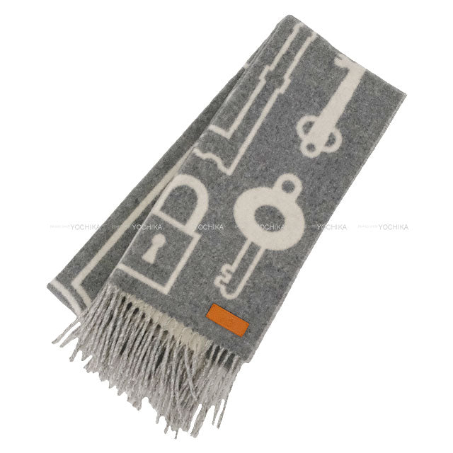 2024AW HERMES muffler Kazak Key Collection Grey/Blanc (White) Cashmere[EXCELLENT][Authentic]