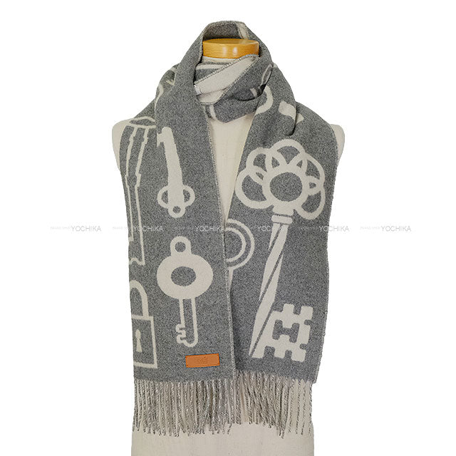 2024AW HERMES muffler Kazak Key Collection Grey/Blanc (White) Cashmere[EXCELLENT][Authentic]