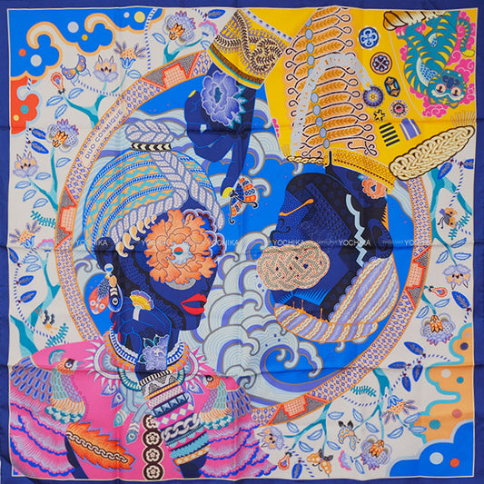 2021AW HERMES scarf Carre 90 DUO COSMIQUE Blue/Blanc (White)/Multicolor Silk100%[EXCELLENT][Authentic]