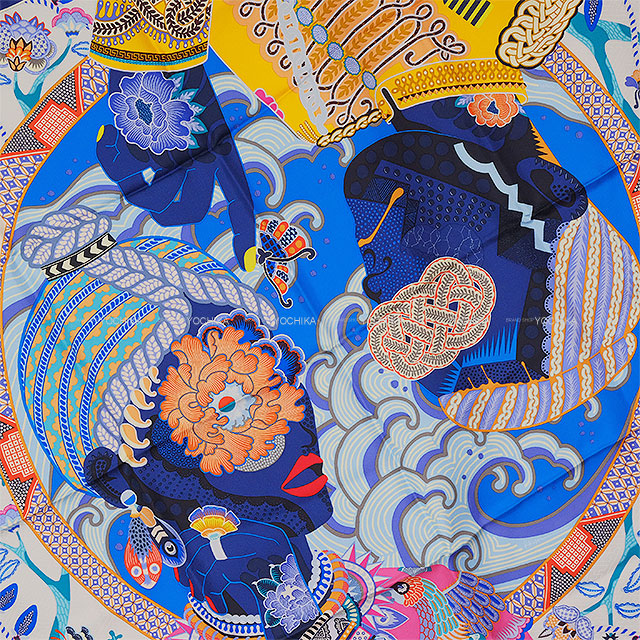 2021AW HERMES scarf Carre 90 DUO COSMIQUE Blue/Blanc (White)/Multicolor Silk100%[EXCELLENT][Authentic]