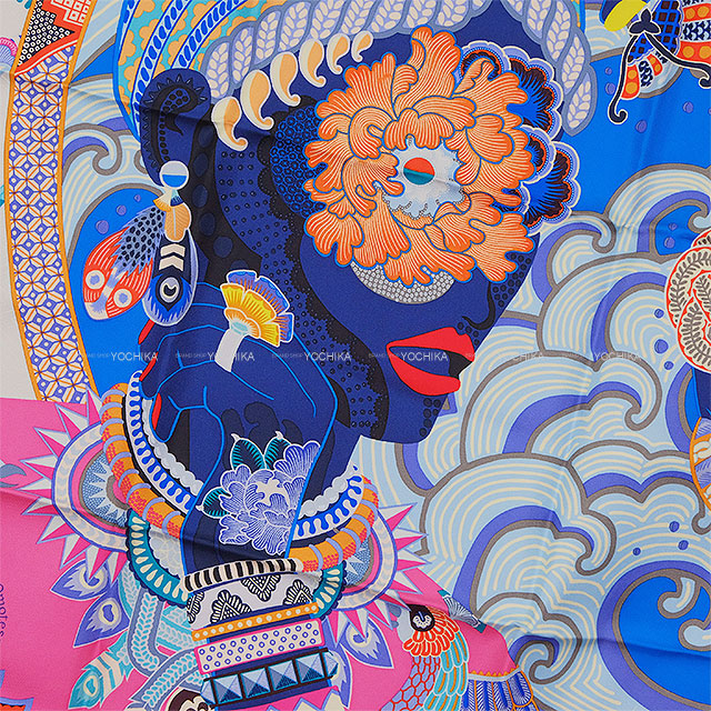 2021AW HERMES scarf Carre 90 DUO COSMIQUE Blue/Blanc (White)/Multicolor Silk100%[EXCELLENT][Authentic]