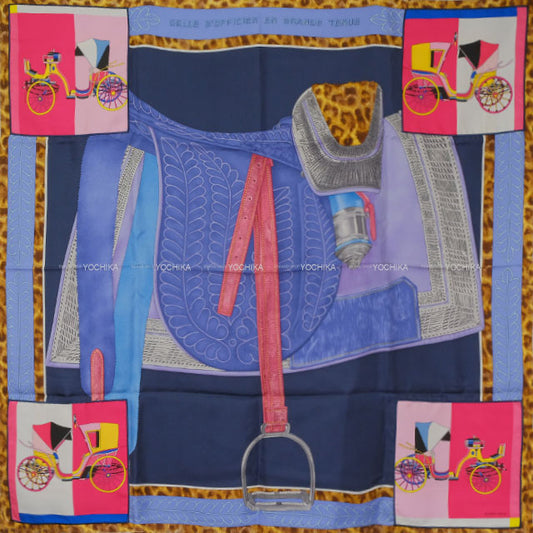 HERMES scarf Carre 90 Selle d'Officier en Grande Tenue with Ex-Libris Navy/Blanc (White)/Multicolor Silk100%[EXCELLENT][Authentic]