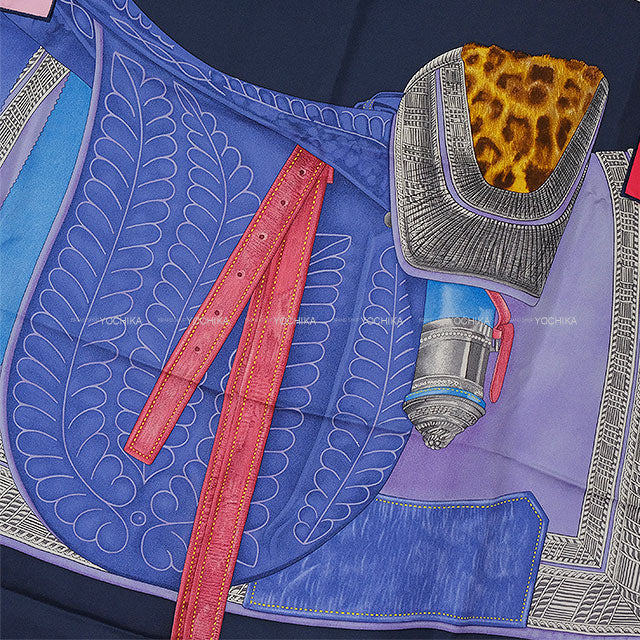 HERMES scarf Carre 90 Selle d'Officier en Grande Tenue with Ex-Libris Navy/Blanc (White)/Multicolor Silk100%[EXCELLENT][Authentic]