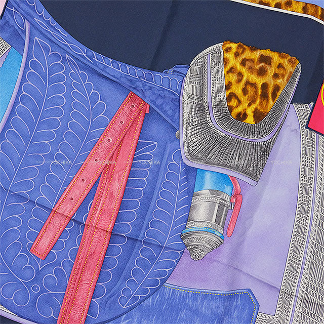 HERMES scarf Carre 90 Selle d'Officier en Grande Tenue with Ex-Libris Navy/Blanc (White)/Multicolor Silk100%[EXCELLENT][Authentic]