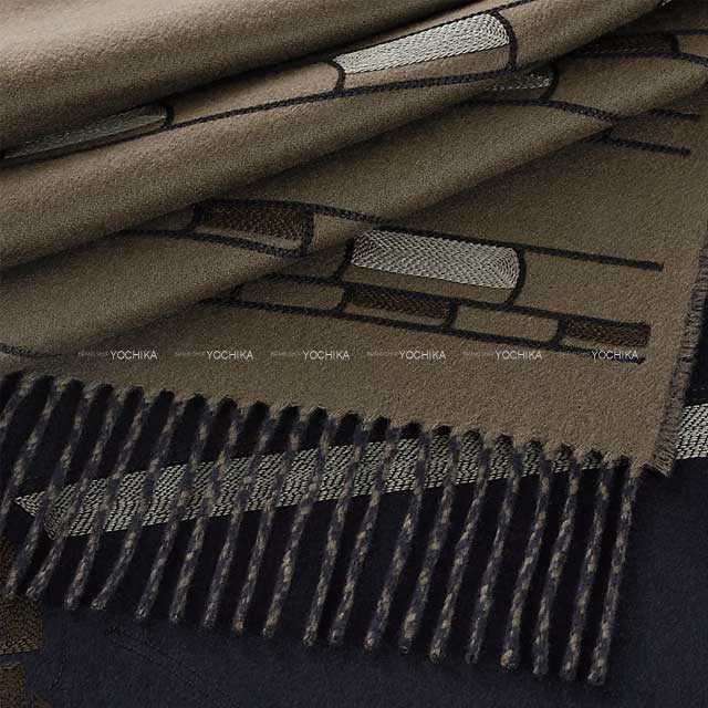 HERMES muffler Profil Brod'ee Basalt/Marine Cashmere/Polyester[BRAND NEW][Authentic]