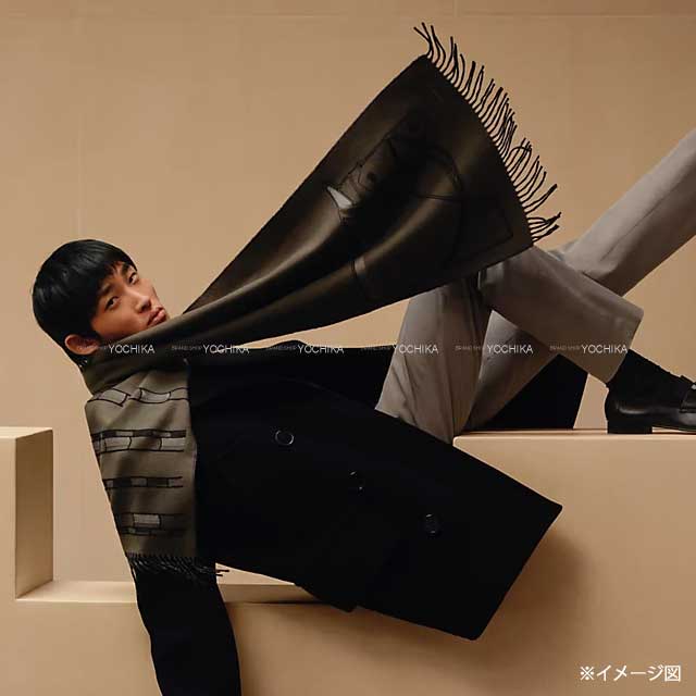 HERMES muffler Profil Brod'ee Basalt/Marine Cashmere/Polyester[BRAND NEW][Authentic]