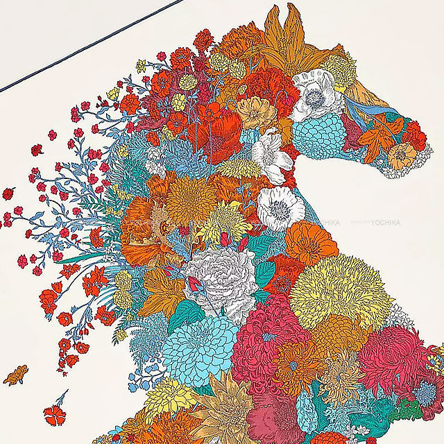 HERMES scarf Carre 90 Robe Legere Cream/Blue/Multicolor Silk100%[EXCELLENT][Authentic]