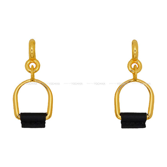 HERMES pierced earring Heritage Equestre Etrier Noir (Black) Veau Swift YG[EXCELLENT][Authentic]