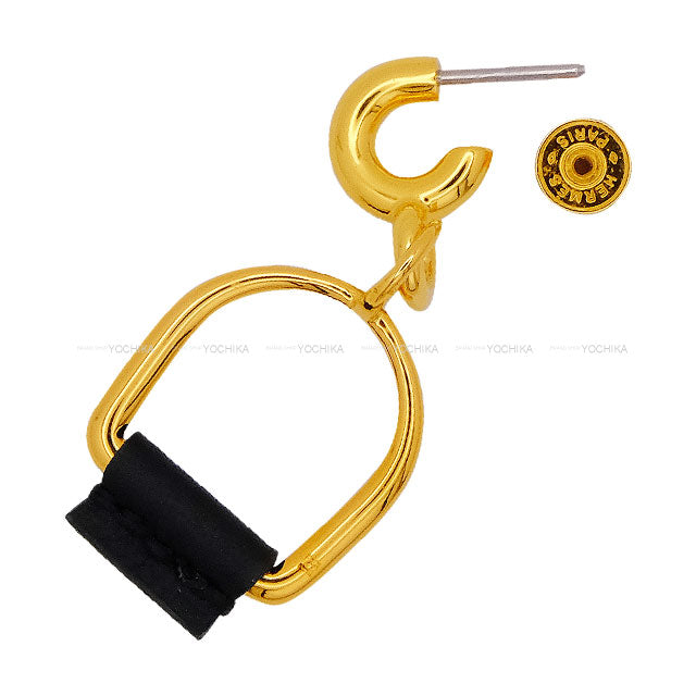 HERMES pierced earring Heritage Equestre Etrier Noir (Black) Veau Swift YG[EXCELLENT][Authentic]