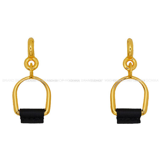 HERMES pierced earring Heritage Equestre Etrier Noir (Black) Yellow Gold plated/Swift[EXCELLENT][Authentic]