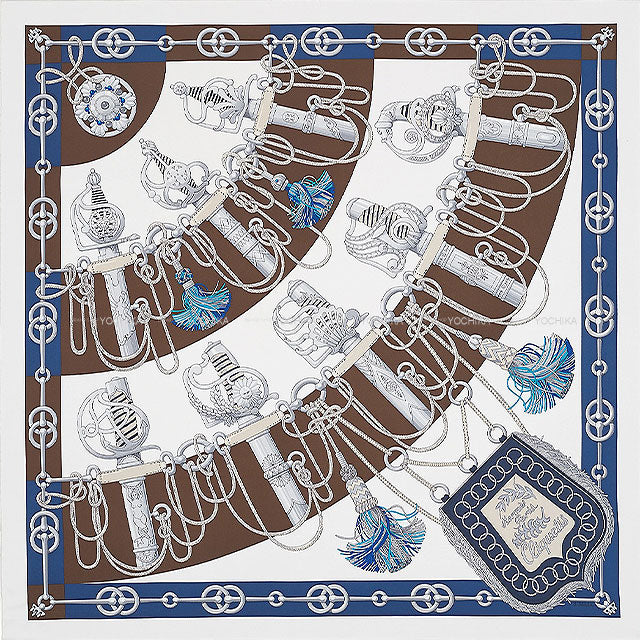 HERMES scarf Carre 90 Culiquetis Ebene Marine/Blanc Silk100%[EXCELLENT][Authentic]