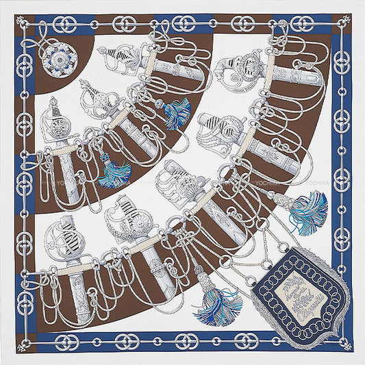 HERMES scarf Carre 90 Culiquetis Ebene Marine/Blanc Silk100%[EXCELLENT][Authentic]