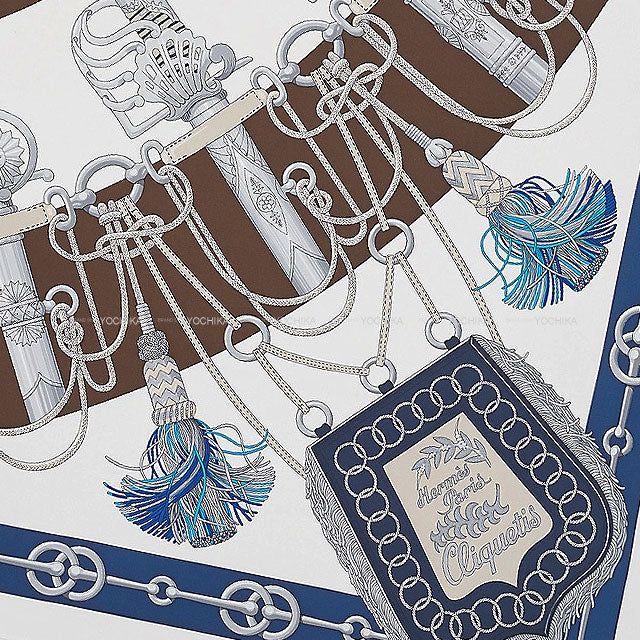 HERMES scarf Carre 90 Culiquetis Ebene Marine/Blanc Silk100%[EXCELLENT][Authentic]