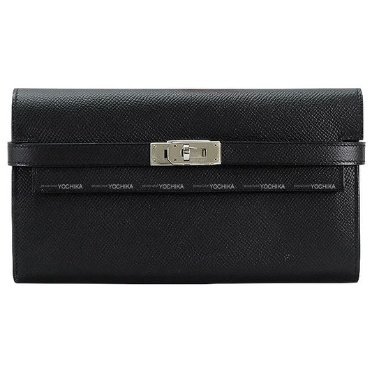 HERMES long wallet Kelly Wallet Long Classic Noir (Black) Veau Epsom Silver HW Stamp □O[EXCELLENT][Authentic]