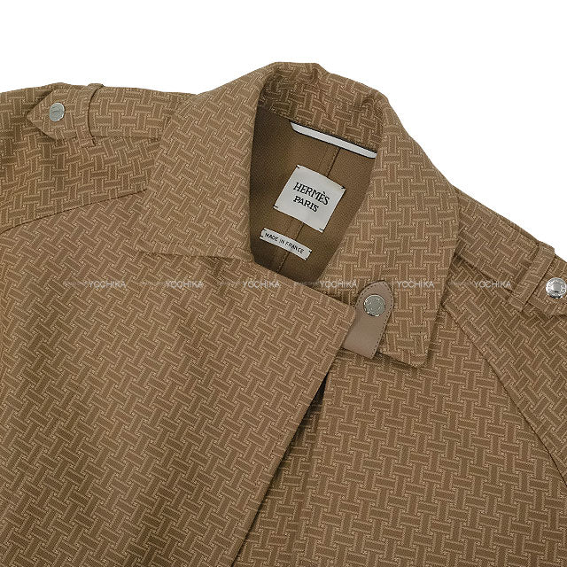 HERMES Trench coat H Mosaic Long Brown Cotton/Lambskin #40 Silver HW 4E0128DJ[EXCELLENT][Authentic]