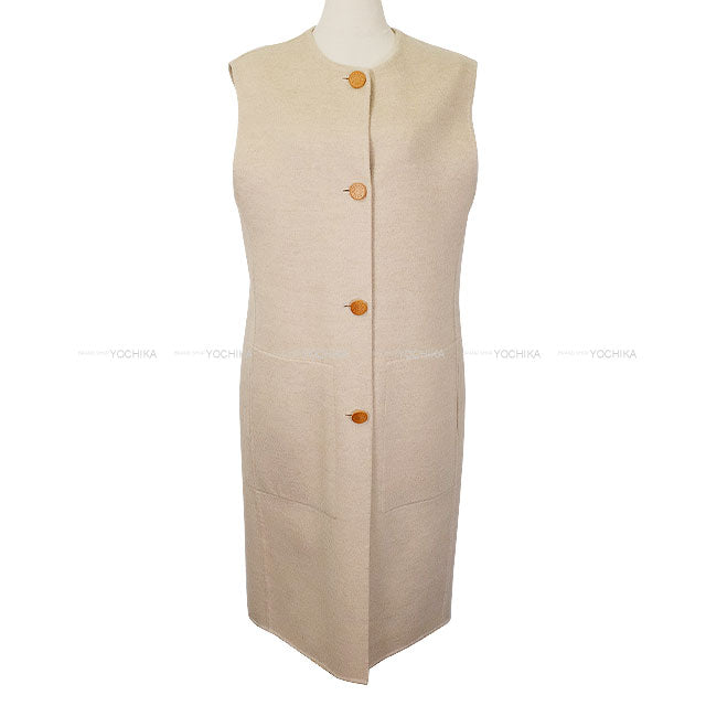 HERMES Vests Gillet Wood Sellier Button Light Beige Cashmere100% #40 3H0191DE[EXCELLENT][Authentic]