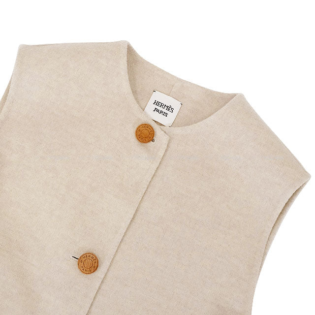 HERMES Vests Gillet Wood Sellier Button Light Beige Cashmere100% #40 3H0191DE[EXCELLENT][Authentic]
