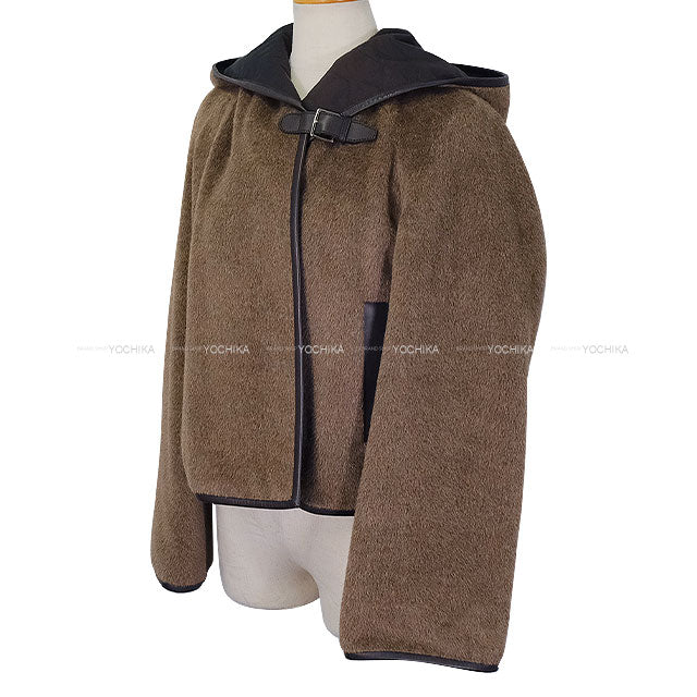 [Pre-loved] 2024AW HERMES Stainless collar coat Hoodie with Belt Brown Alpaca/Lambskin #38 4H0198DE[LIKE NEW][Authentic]