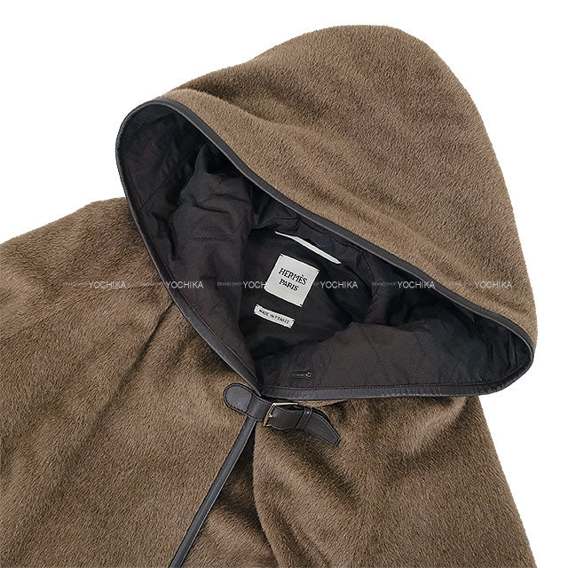 [Pre-loved] 2024AW HERMES Stainless collar coat Hoodie with Belt Brown Alpaca/Lambskin #38 4H0198DE[LIKE NEW][Authentic]