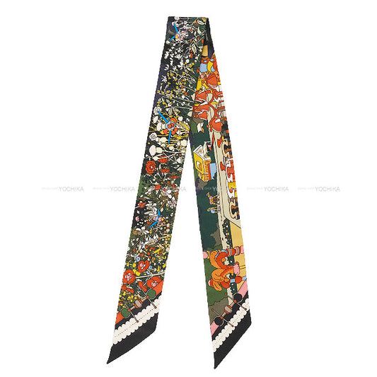 HERMES scarf Twilly Pony Pit Stop vert loden / rose / bleu Silk100%[EXCELLENT][Authentic]