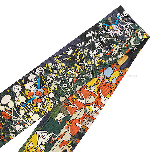 HERMES scarf Twilly Pony Pit Stop vert loden / rose / bleu Silk100%[EXCELLENT][Authentic]